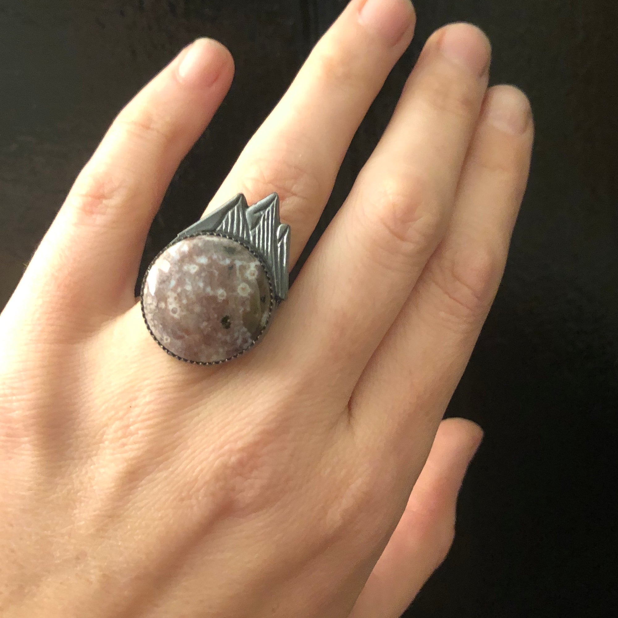 ocean jasper ring with sterling silver mountain casting