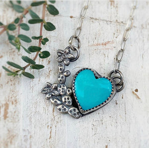 turquoise heart pendant with sterling silver flowering prickly pear casting